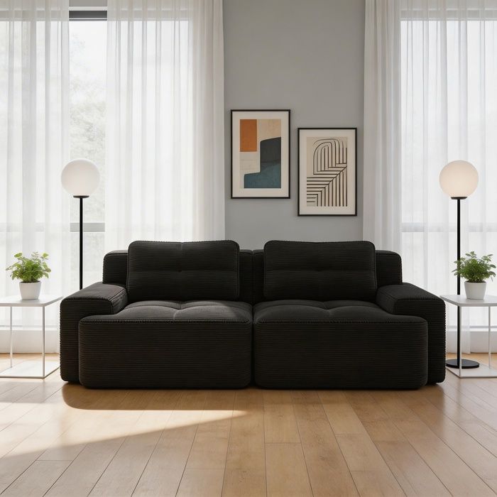 Canapé modulaire - Boneless - 2 places convertible - Tissu corde noir - Assise profonde 74 cm