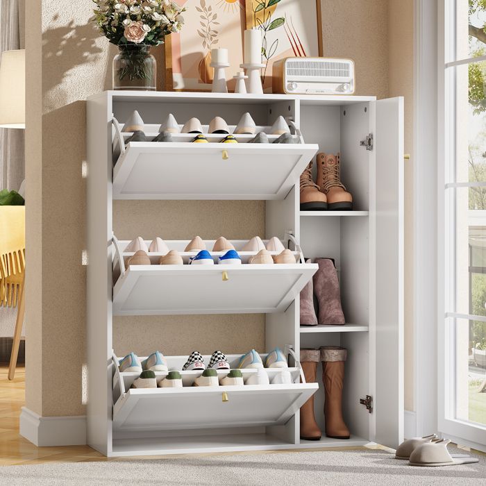 Armoire à chaussures - MINIMAL - L90xP25xH114cm - 3 volets + 1 porte - Cloisons réglables - Anti-basculement