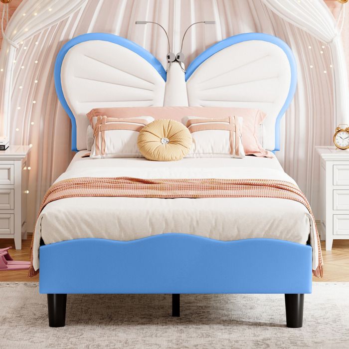 Lit fille 90 x 190 cm-SORVAGLOS- Lit enfant avec liseuse - cadre de lit simple-Lit capitonné-tête de lit papillon-velours et PU-Rose