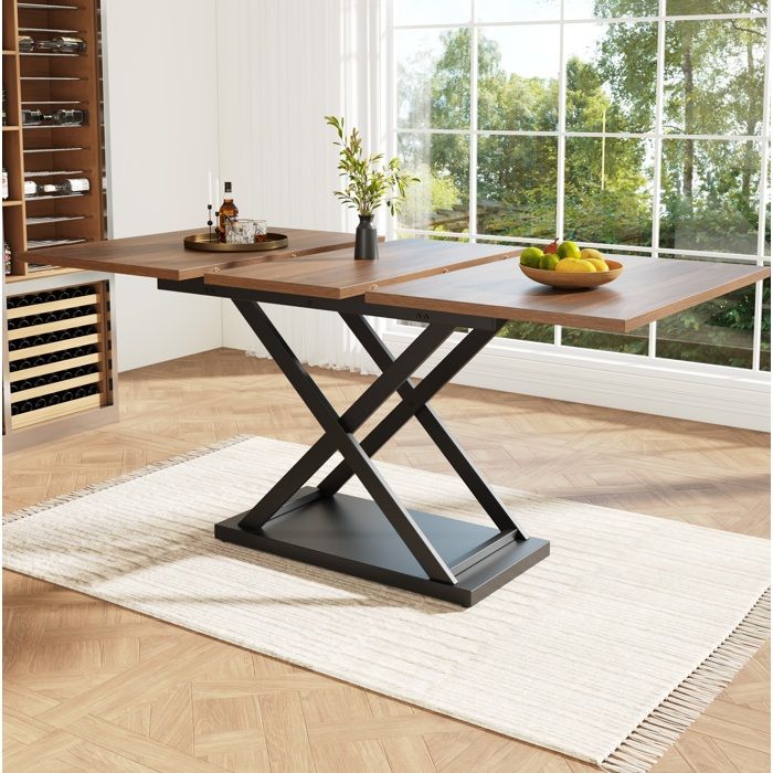 WOVREO Table à manger extensible 120-160 x 80 cm MDF décor noyer et pieds croisés en métal noir