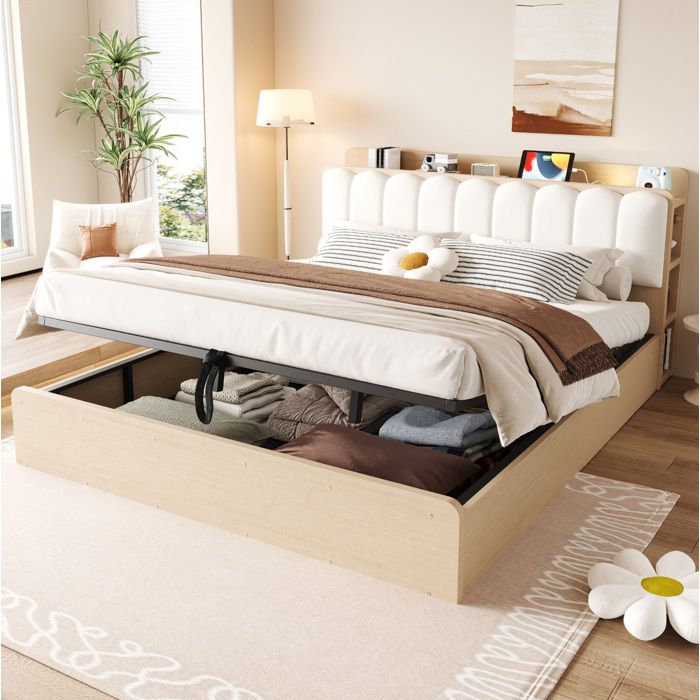 ROVRYN Lit coffre hydraulique 180 x 200 cm en bois avec tête de lit rembourrée rangements et USB