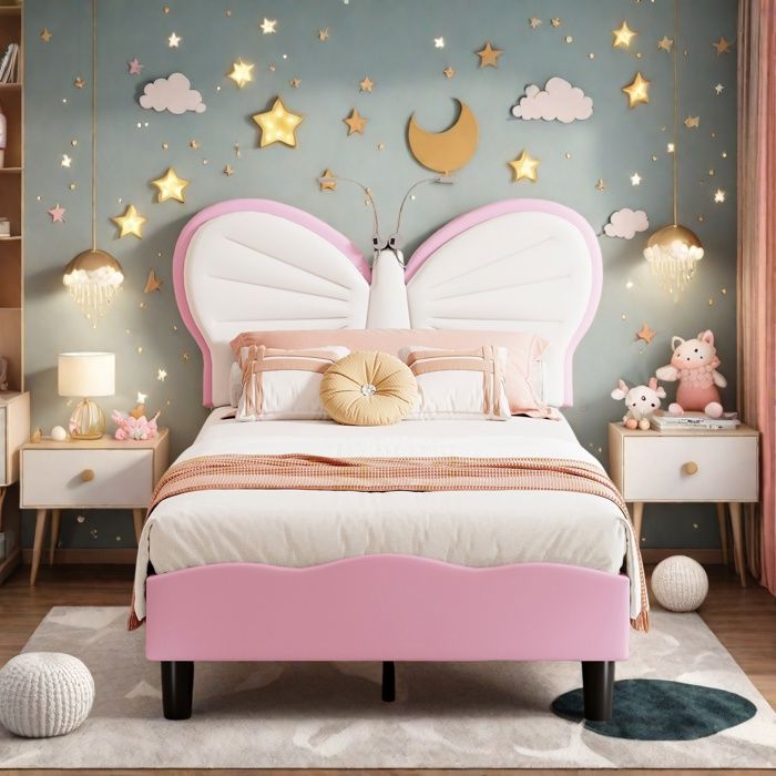 Lit enfant 90x200 cm avec sommier à lattes Lit simple lampe de lecture LED Tête de lit papillon réglable Velours