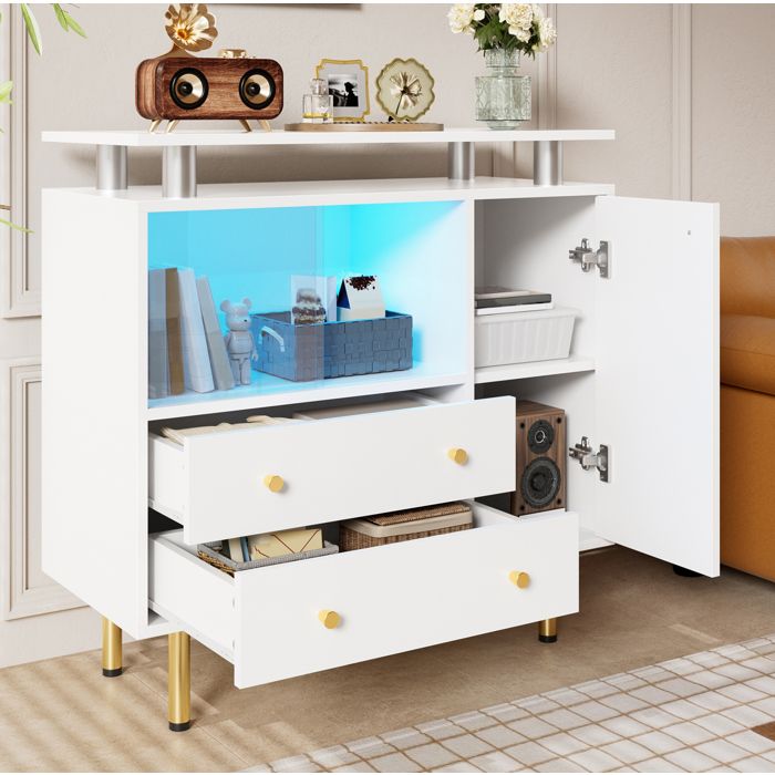 Buffet bas LED blanc 80 x 35 x 80 cm avec 2 portes coulissantes en verre 2 tiroirs et 1 porte