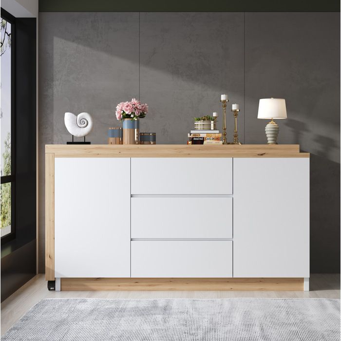 Bureau secrétaire pliant AESVAR 120 x 50 x 76 5 cm avec 2 portes et 3 tiroirs blanc et chene