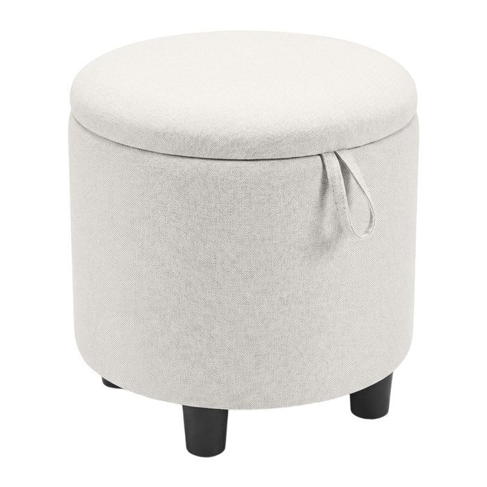 Beige pouf de rangement rond en tissu lin repose-pieds avec coffre tabouret de coiffeuse pour salon ou chambre
