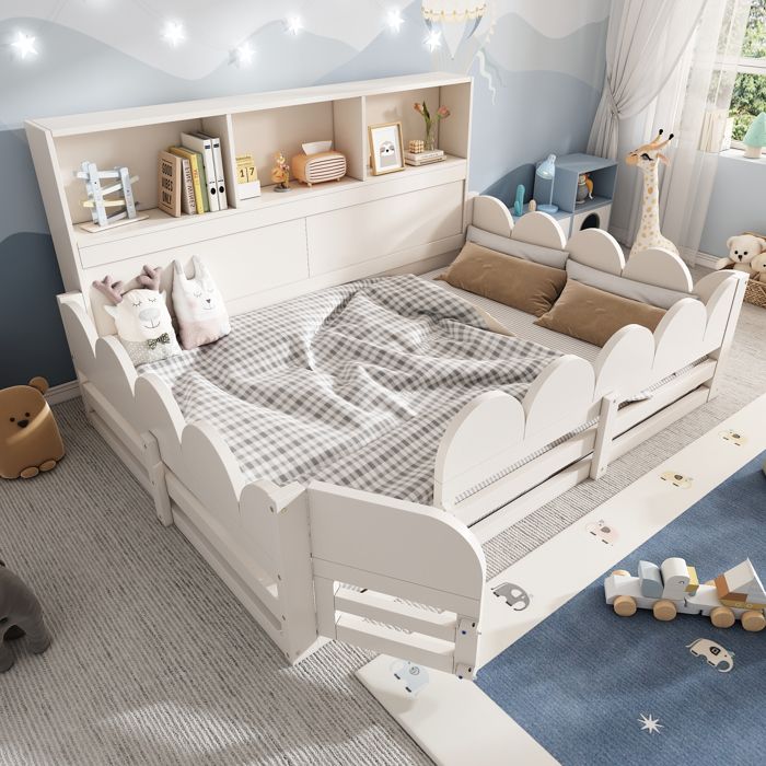 Lit enfant Montessori - MERAX - 140×190 cm - Barrières anti-chute 50 cm - Porte 2 loquets - Étagère 3 cases Lit enfant Montessori - MERAX - 140×190 cm - Barrières anti-chute 50 cm - Porte 2 loquets - Étagère 3 cases