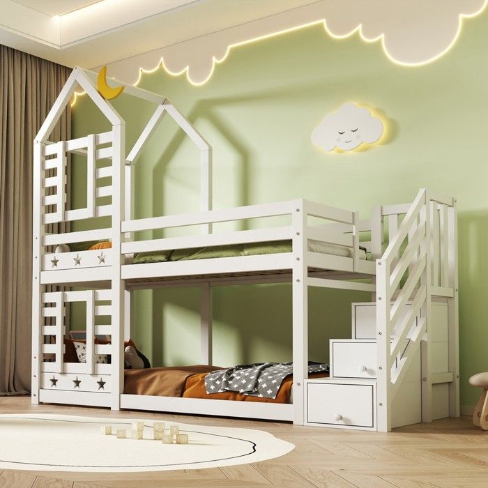 Lit superposé cabane en bois blanc pour enfant 90x200cm avec tiroirs protection anti-chute et 2 sommiers à lattes Lit superposé cabane en bois blanc pour enfant 90x200cm avec tiroirs protection anti-chute et 2 sommiers à lattes