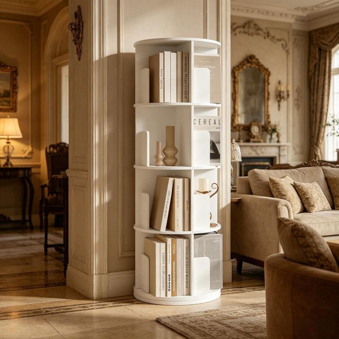 Étagère Rotative 360° Blanche 4 Niveaux 16 Compartiments 44x44x126cm Bibliothèque Tournante Rangement Livre Déco Panneau E1