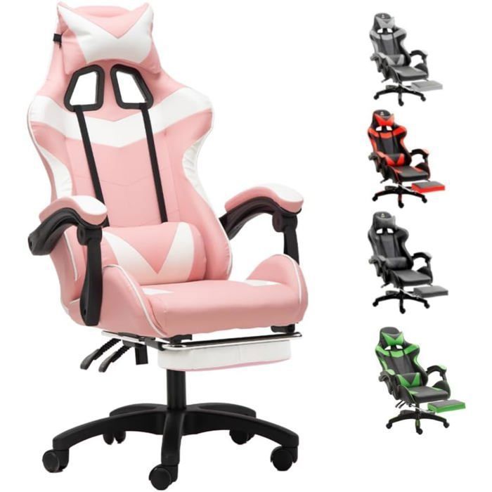 Chaise Gaming Ergonomique Rose Support Lombaire Repose-pieds Oreilles de Chat Coussin Tête Inclinaison Réglable