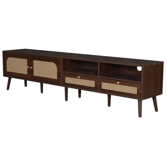 Meuble TV 200 cm marron foncé avec rotin – 2 portes 2 tiroirs – jusqu’à 80 pouces