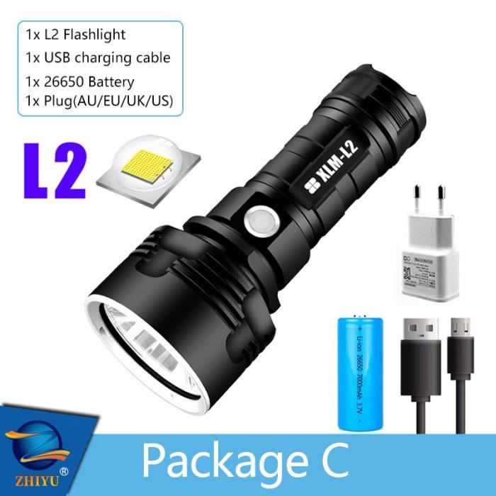 Lampe de poche LED rechargeable super lumineuse – 2000 lumens, étanche, niveaux de