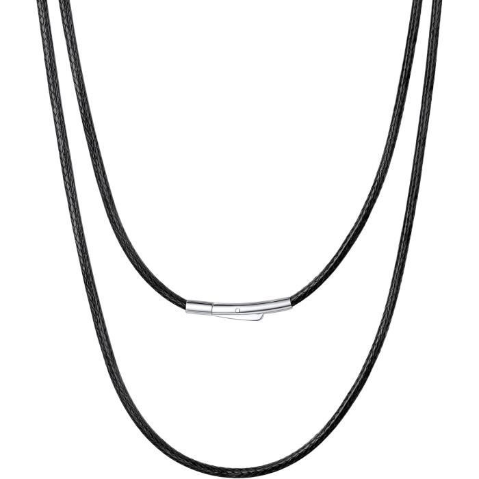 Collier Cordon Cuir Noir Fin Avec Fermoir Et Chainette Pour Pendentifs