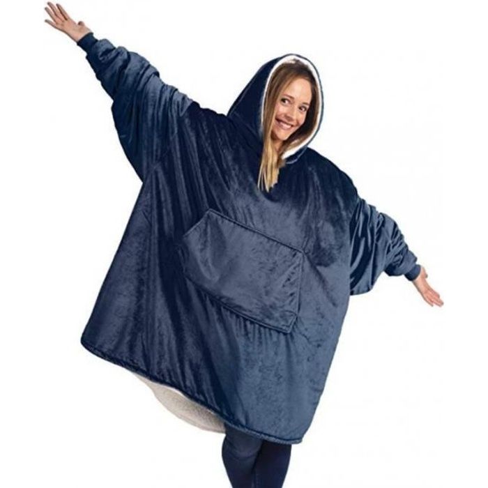 Version Marine - Taille unique pour tous - Peluche Corail Polaire Sherpa Couverture Avec Manches Super Doux Chaud Extérieur Sweat À