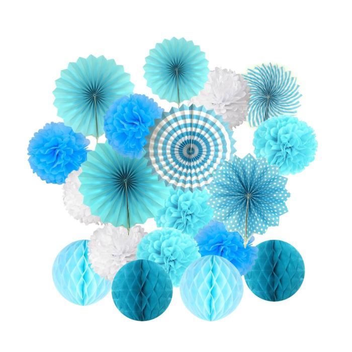 19pcs Papier Pompom Eventail Boule Nid D Abeille Decoration Salle Mariage Anniversaire Paque Bapteme Birthday Bleu Cdiscount Maison