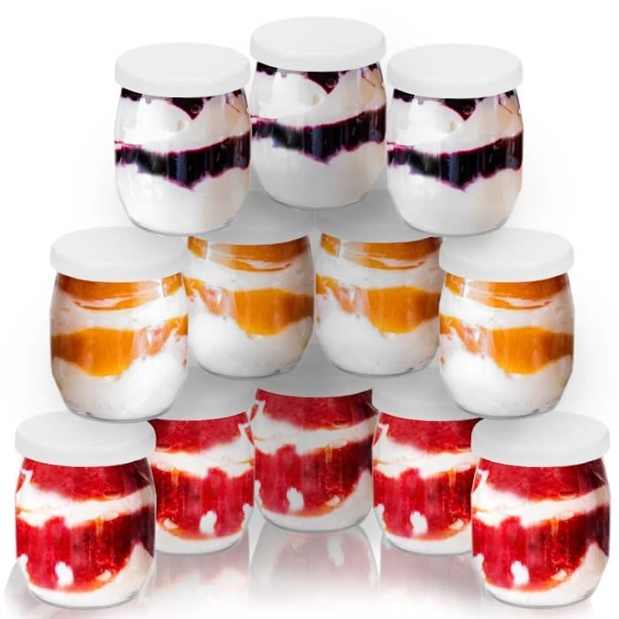 12 pots de yaourt en verre avec couvercles avec différents décors  d'émoticônes, capacité de pot de crème dessert 100 ml 