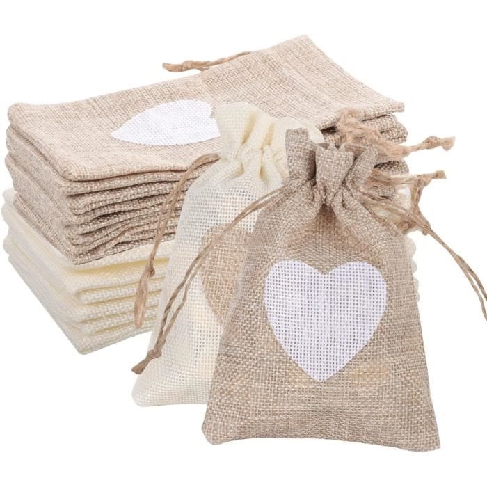 20pcs Sachets en Toile de Jute, Pochettes Sachets en Lin avec Motif de Coeur Petit Pochette avec