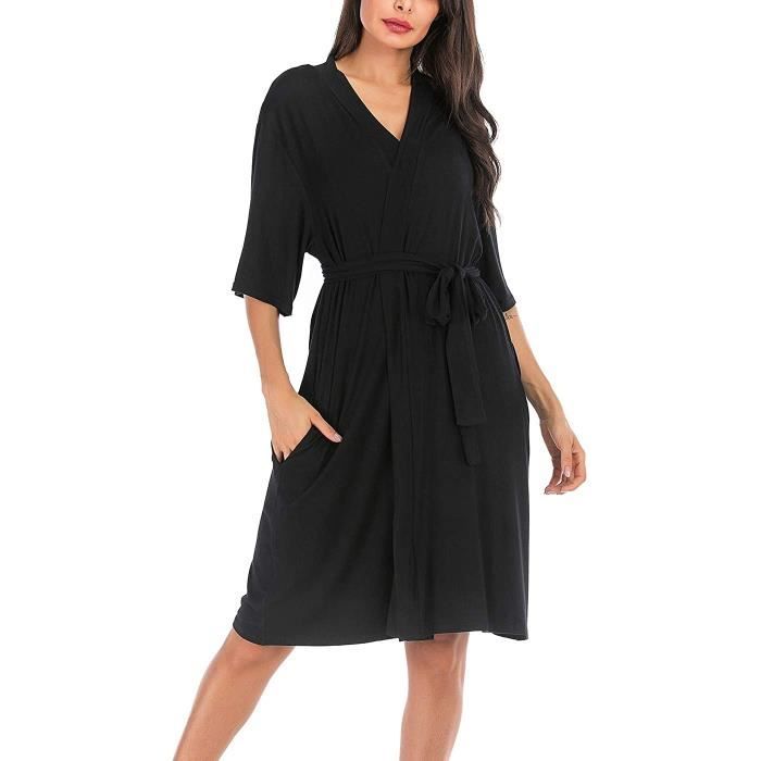 peignoir de bain peignoir femme Femmes Coton Peignoir de Bain Pyjama col V pour Vetements De Nuit Spa Baignade M noir