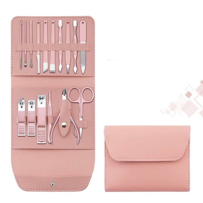 Kit Manucure Pédicure 16 Pièces Professionnel - Acier Inoxydable Rose - Coupe-ongles, Pince, Lime... - Neuf