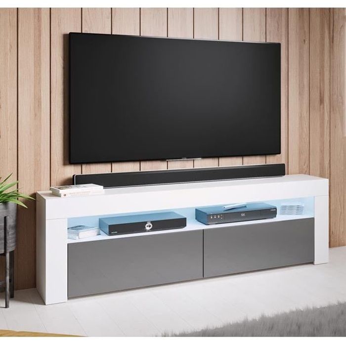 Design Ameublement - Meuble TV AKER LED - 2 portes - Blanc et Gris Brillant - 140x50 5x35cm Design Ameublement - Meuble TV AKER LED - 2 portes - Blanc et Gris Brillant - 140x50 5x35cm
