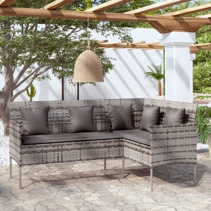 Meuble Déco, Canapé d'extérieur - Canapé de jardin Banquette de jardin - en L avec coussins Résine tressée Gris - 70070
