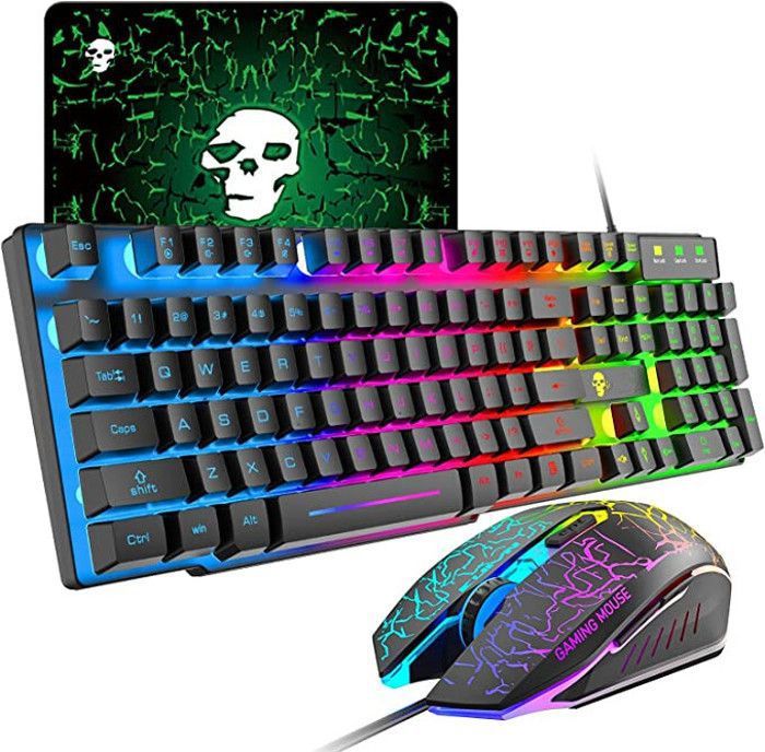 Clavier de jeu USB rétroéclairé arc-en-ciel + souris de jeu LED 2400 DPI 6 boutons + tapis de souris Noir