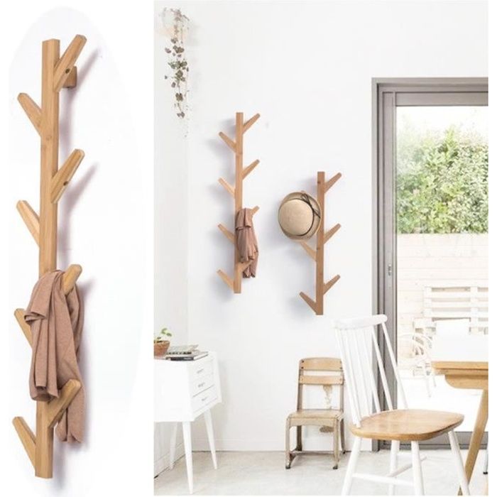 Bleosan Porte Manteau Mural En Bois De Bambou Forme D Arbre 8 Crochets