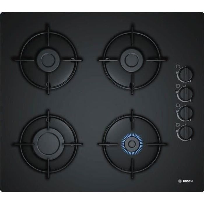 BOSCH POP6B6B10 Plaque de cuisson gaz - 4 foyers - 7400W - L56 x P48cm - Revêtement verre trempé - N