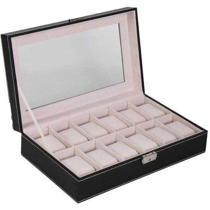 Coffret De Rangement Pour 12 Montres - Boîte Noire Velours Et Simili Cuir Luxe