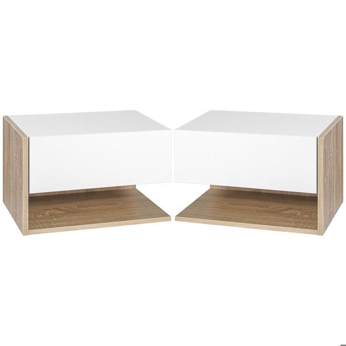 Table de chevet suspendue - tables de nuit murale - HOMCOM - lot de 2 tiroir coulissant bicolore - bois - chêne blanc