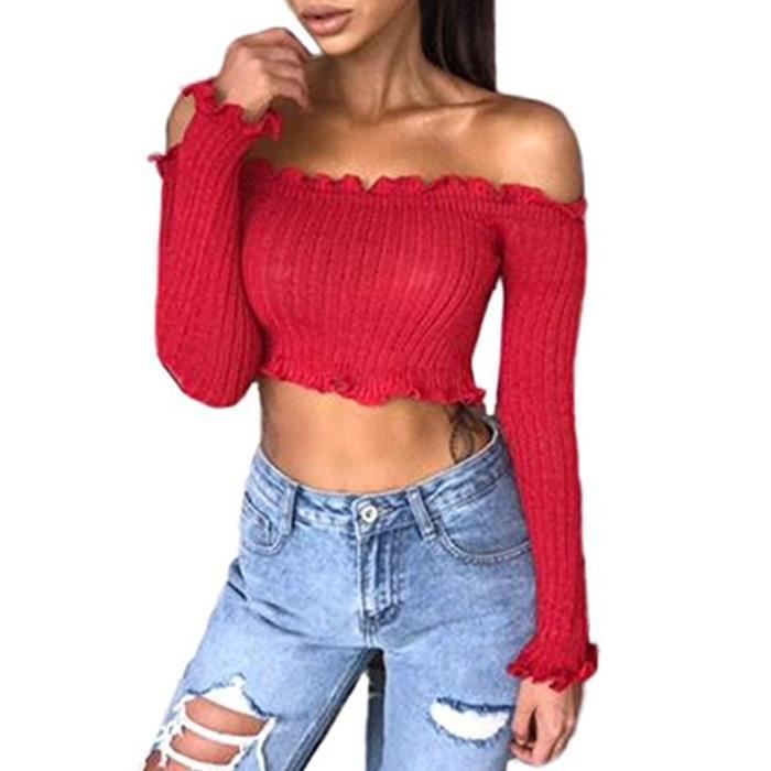 Femmes Chic Crop Tops Manches Longues Épaules Nues Col Bateau Pull Sweater  Knitting Haut Mini Blouse B rouge - Cdiscount Prêt-à-Porter