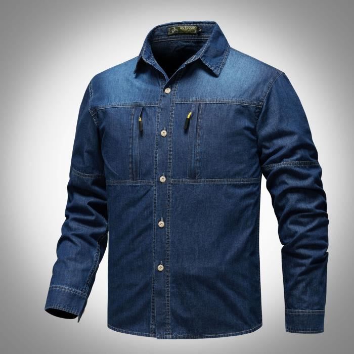 Chemise en Jean Homme Retro INSFITY Grande Taille Manches longues  Bleu fonce