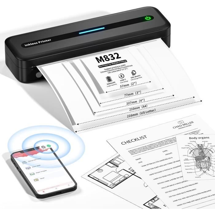 Imprimante Portable Thermique A4 Sans Encre – Rechargeable, Bluetooth, 200 Dpi, Idéale Bureau, École, Voyage (90 Feuilles Par Charge)