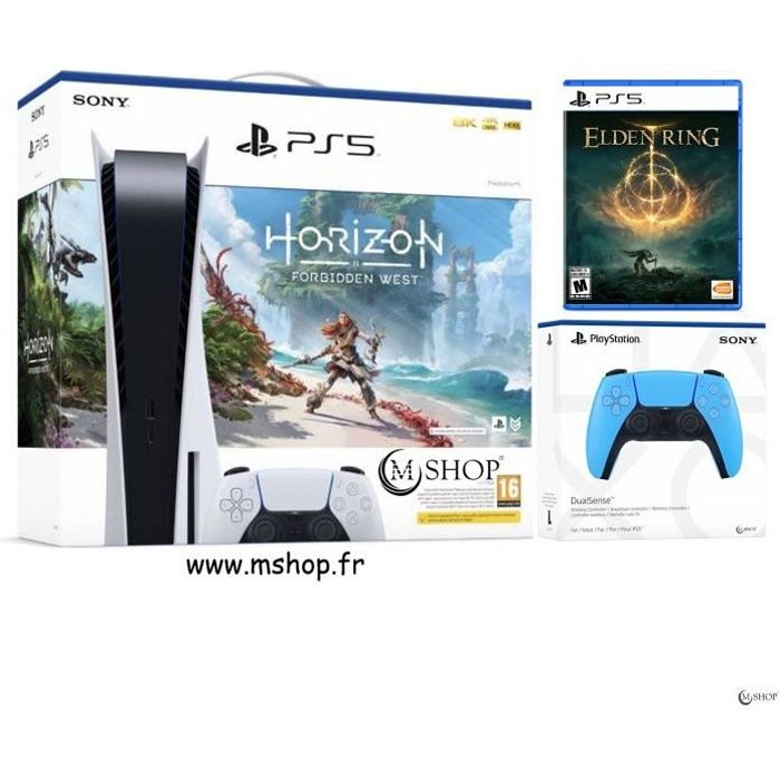 Pack Console PS5 - PlayStation - Horizon Forbidden West - Manette DualSense Bleue - Elden Ring - 825 Go