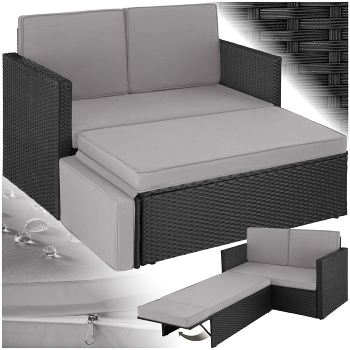 Canapé de jardin - TECTAKE - Fauteuil dextérieur modulable CORFOU 2 places en résine tressée avec large tabouret - Noir/Gris