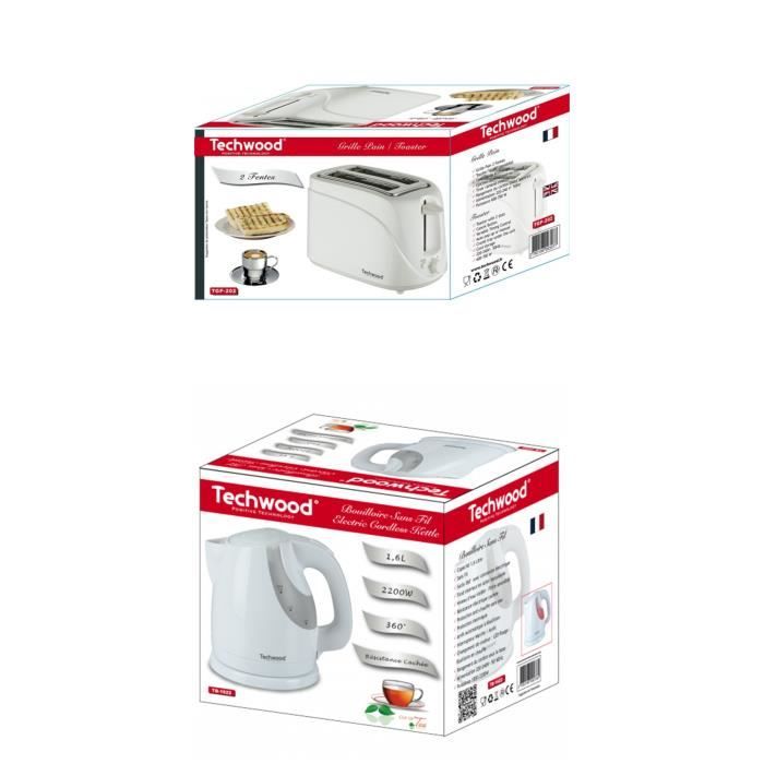 PACK DEJEUNER Bouilloire électrique Blanche 1L6 2200W + Grille-pain Blanc 2 Fentes 700W