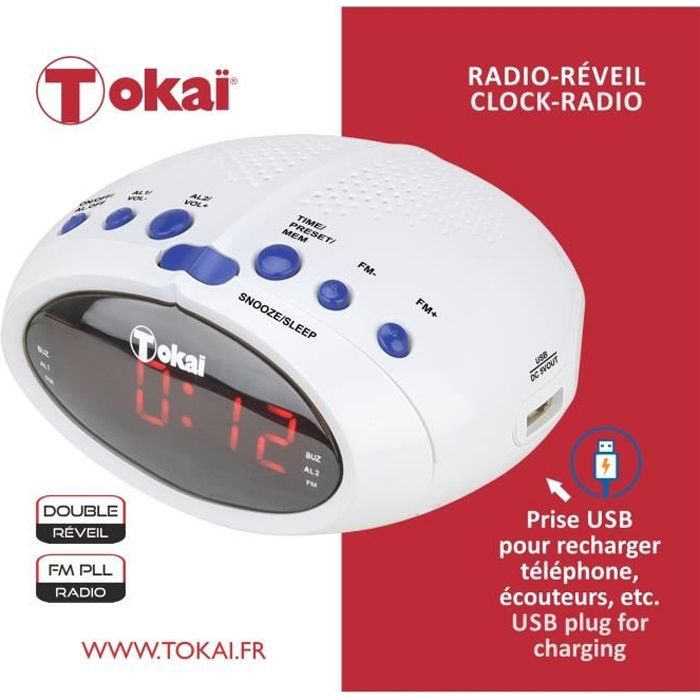 RADIO-RÉVEIL BLANCHE AVEC PRISE USB POUR RECHARGE DE TÉLÉPHONE - TOKAï