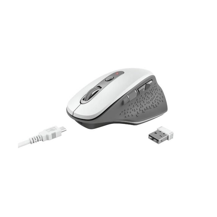 Trust Ozaa Souris sans Fil Rechargeable, Ergonomique, 6 Boutons dont 2 Silencieux, Récepteur USB, 800-1200-1600-2400 DPI, Blanc