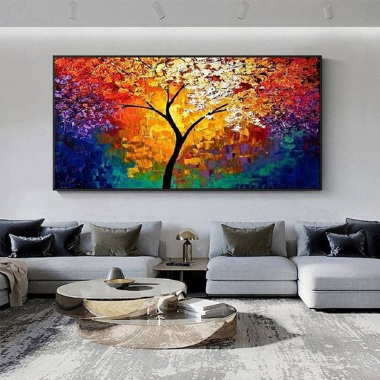 Arbre de la vie Cadre en Bois Impression sur Toile Grande Tableau Arbre d'automne Peinture Affiche Decoration Murale Abstrait Image sur Toile Tableau Decoration Murale Salon Chambre Couloir 50x120cm