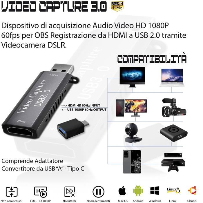 Carte d'acquisition vidéo 4K HDMI vers USB 3.0 Carte de Capture, 1080p Video  Capture avec Convertisseur USB vers Type C - Cdiscount Informatique