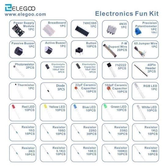Fun Kit Composant Électronique Breadboard Câble Resistor Capacitor LED  Potentiomètre pour Arduino Kit d'apprentissage