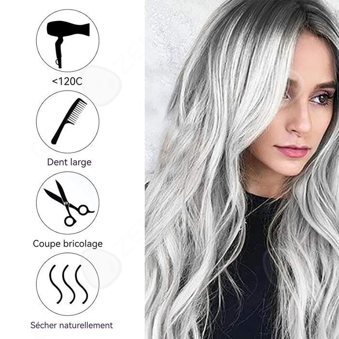 Perruque Longue Femme Gris Blanc - Synthétique Lisse Avec Frange - Bonnet Monofilament Offert - Taille Moyenne