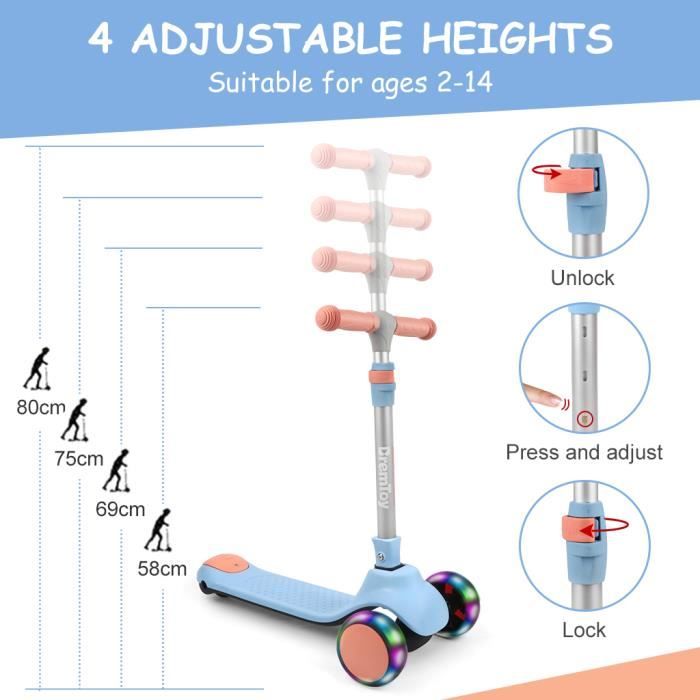 Trottinette BremToy 2-10 Ans – 4 Hauteurs Réglables, 3 Roues LED, Pliable, Charge 50 Kg – Cadeau Garçon Fille