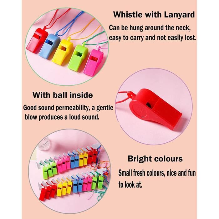 Lot De 100 Sifflets Colorés En Plastique – 5 Couleurs, Avec Cordon, Son Fort, Pour Coach, Arbitre, Sécurité