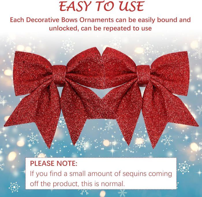 Nœuds Sapin De Noël Rouges Pailletés – Lot De 12, 12x15cm, Décorations Réutilisables Pour Guirlandes Cadeaux