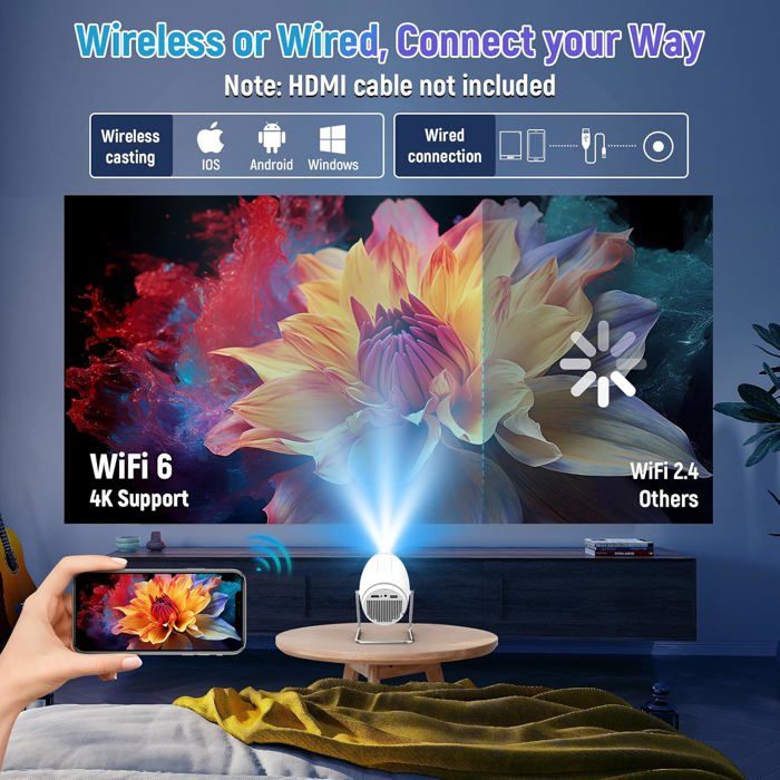 Vidéoprojecteur Portable 1080P Full HD WiFi 6 + Bluetooth 5.2 – Android TV Intégré, Rotation 180°, 4K Supporté – Idéal Home Cinéma & Gaming