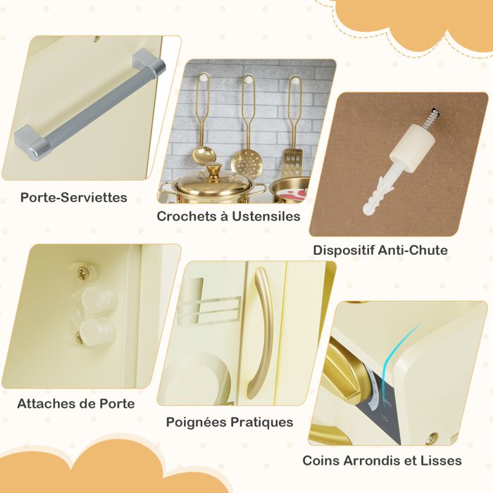 COSTWAY Cuisine Enfant en Bois avec Distributeur de Glace, 11 Accessoires, Jeu de Cuisine avec Cuisinière et Évier, Étagères et Armoire et Porte- Serviettes, Jeu d'Imitation pour 3 Ans+ (Jaune