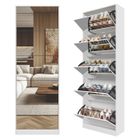 SENSBUN Meuble à Chaussures 30 Paires avec Miroir, Meuble Chaussure Entree Bois Blanc Moderne, Rangement 5 Tiroirs Pliables, 63×23×185cm