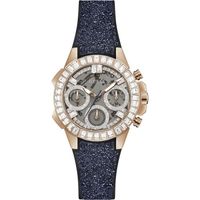 GUESS Ladies Sport Multifunction Baguette Crystal 36mm Watch Rose Gold-Tone Stainless Steel Case