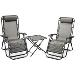 CHAISE LONGUE Lot de 2 chaises longues + table pliable - Marque - Modèle - Acier léger - Textilène résistant - Gris
