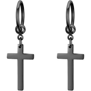 Boucles doreilles créoles petite Croix en acier inoxydable Pendentif émail blanc ou noir avec croix 